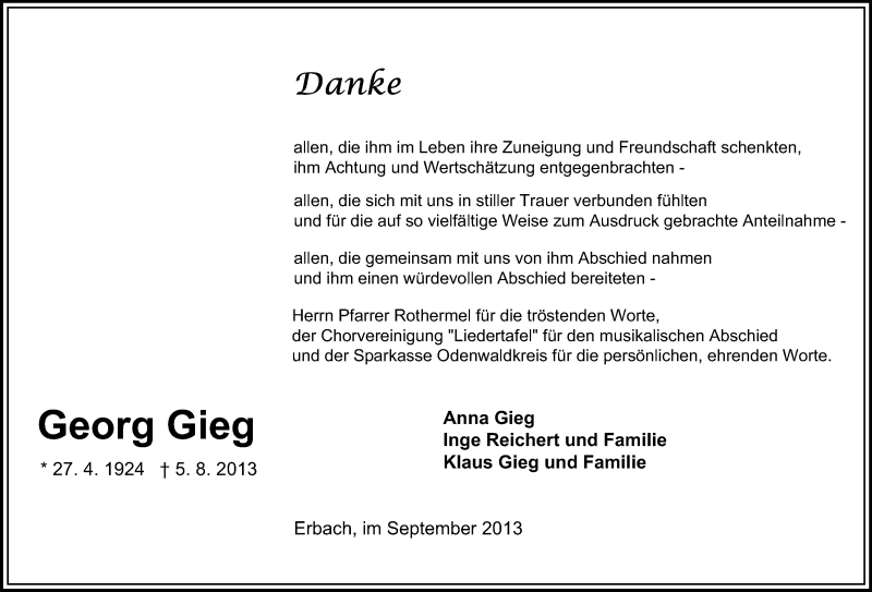  Traueranzeige für Georg Gieg vom 07.09.2013 aus Echo-Zeitungen (Gesamtausgabe)