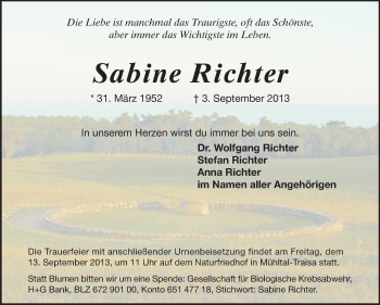 Traueranzeige von Sabine Richter von Echo-Zeitungen (Gesamtausgabe)