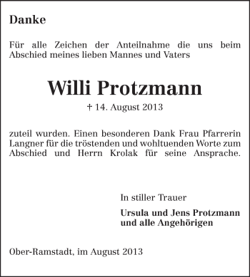 Traueranzeige von Willi Protzmann von Echo-Zeitungen (Gesamtausgabe)