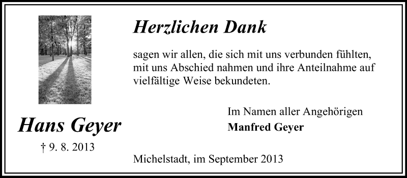  Traueranzeige für Hans Geyer vom 07.09.2013 aus Odenwälder Echo