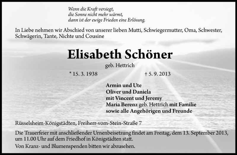  Traueranzeige für Elisabeth Schöner vom 07.09.2013 aus Rüsselsheimer Echo, Groß-Gerauer-Echo, Ried Echo