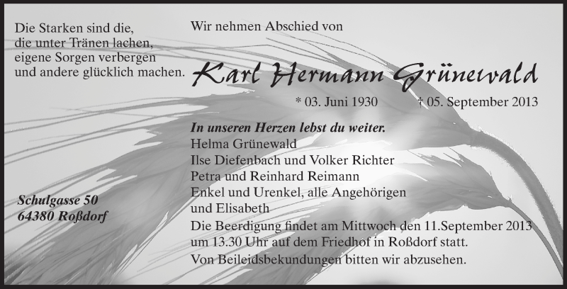  Traueranzeige für Karl Hermann Grünewald vom 09.09.2013 aus Echo-Zeitungen (Gesamtausgabe)