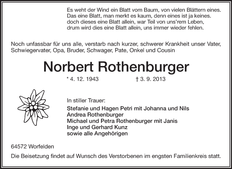  Traueranzeige für Norbert Rothenburger vom 09.09.2013 aus Rüsselsheimer Echo, Groß-Gerauer-Echo, Ried Echo