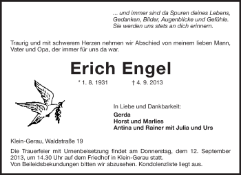 Traueranzeige von Erich Engel von Rüsselsheimer Echo, Groß-Gerauer-Echo, Ried Echo