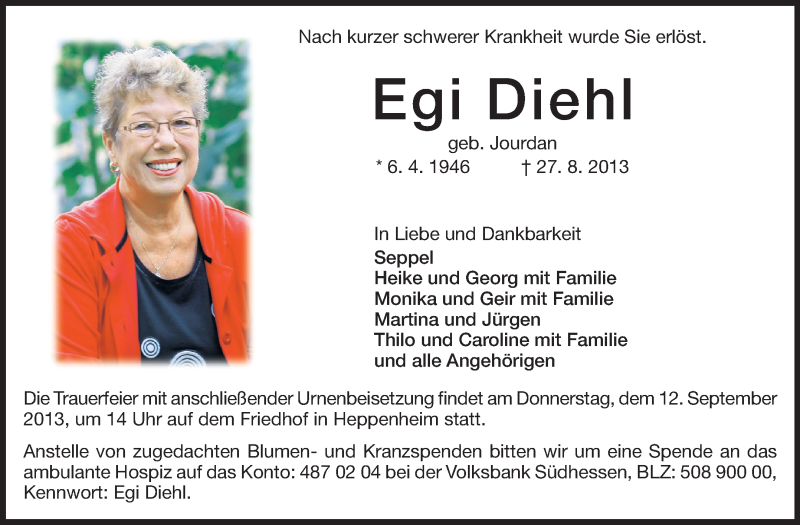  Traueranzeige für Egi Diehl vom 09.09.2013 aus Starkenburger Echo
