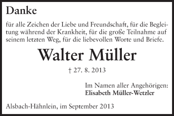 Traueranzeige von Walter Müller von Echo-Zeitungen (Gesamtausgabe)