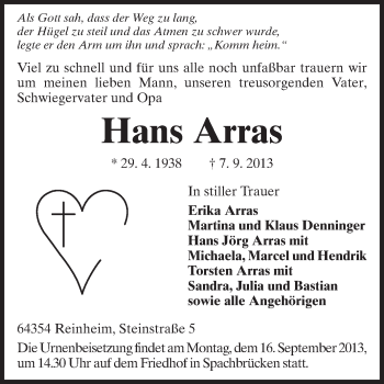 Traueranzeige von Hans Arras von Echo-Zeitungen (Gesamtausgabe)