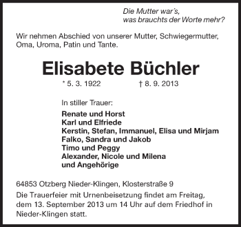 Traueranzeige von Elisabete Büchler von Echo-Zeitungen (Gesamtausgabe)