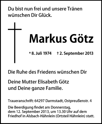 Traueranzeige von Markus Götz von Echo-Zeitungen (Gesamtausgabe)