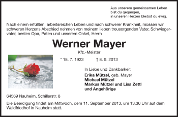 Traueranzeige von Werner Mayer von Rüsselsheimer Echo, Groß-Gerauer-Echo, Ried Echo