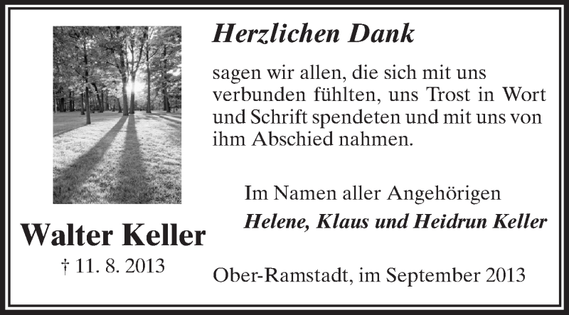  Traueranzeige für Walter Keller vom 14.09.2013 aus Echo-Zeitungen (Gesamtausgabe)