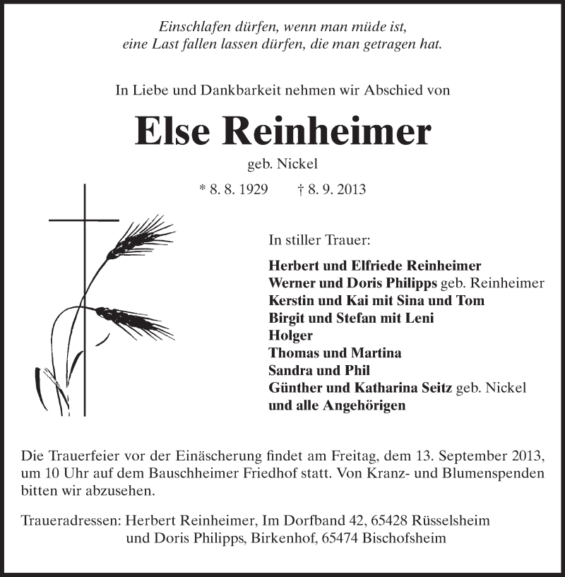  Traueranzeige für Else Reinheimer vom 11.09.2013 aus Rüsselsheimer Echo, Groß-Gerauer-Echo, Ried Echo