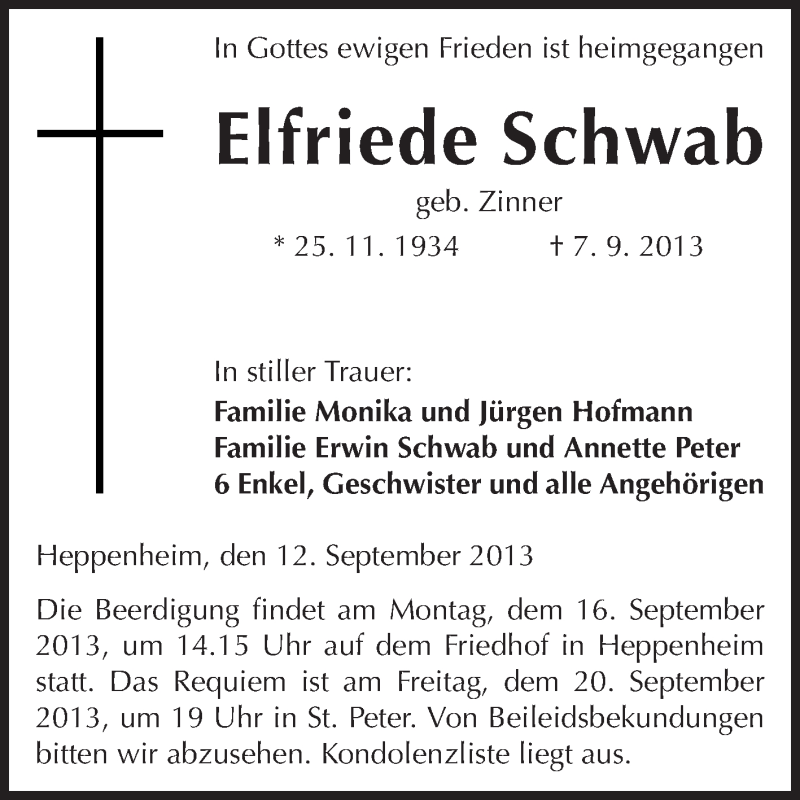  Traueranzeige für Elfriede Schwab vom 12.09.2013 aus Starkenburger Echo