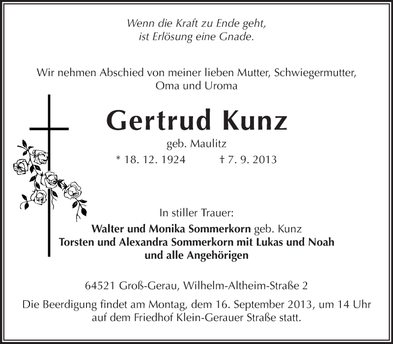  Traueranzeige für Gertrud Kunz vom 11.09.2013 aus Rüsselsheimer Echo, Groß-Gerauer-Echo, Ried Echo