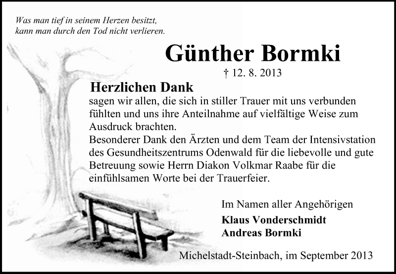  Traueranzeige für Günther Bormki vom 13.09.2013 aus Odenwälder Echo