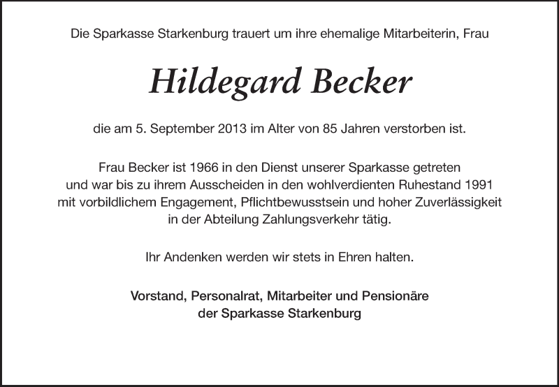  Traueranzeige für Hildegard Becker vom 12.09.2013 aus Starkenburger Echo