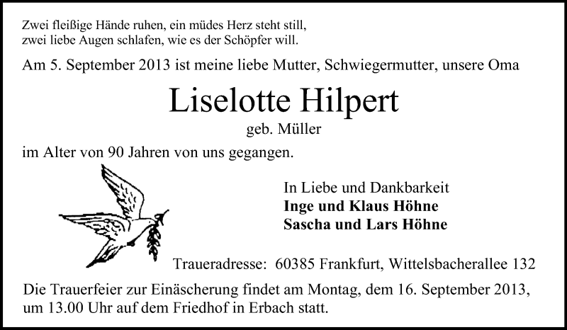  Traueranzeige für Liselotte Hilpert vom 11.09.2013 aus Odenwälder Echo