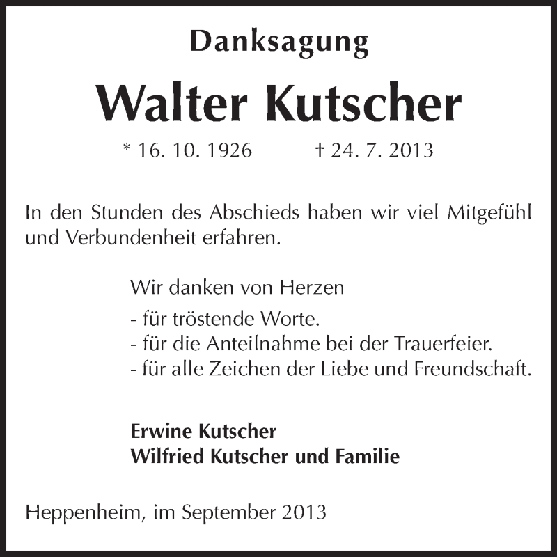  Traueranzeige für Walter Kutscher vom 14.09.2013 aus Starkenburger Echo