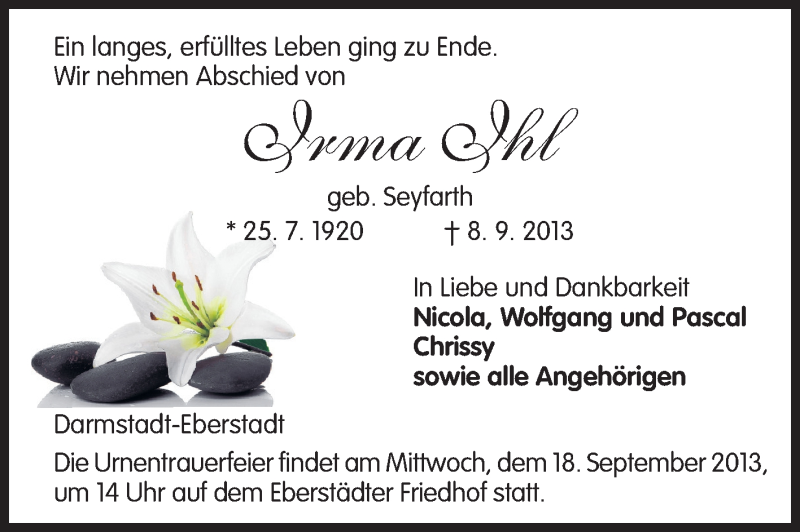  Traueranzeige für Irma Ihl vom 14.09.2013 aus Echo-Zeitungen (Gesamtausgabe)