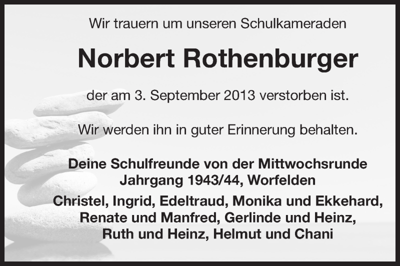  Traueranzeige für Norbert Rothenburger vom 11.09.2013 aus Rüsselsheimer Echo, Groß-Gerauer-Echo, Ried Echo
