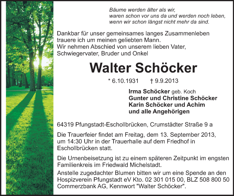  Traueranzeige für Walter Schöcker vom 11.09.2013 aus Echo-Zeitungen (Gesamtausgabe)