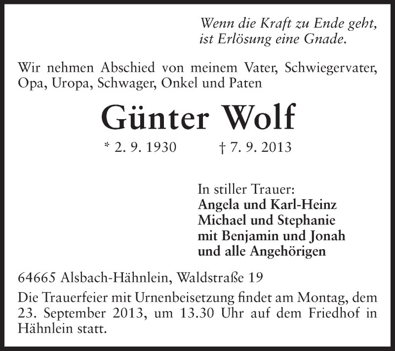  Traueranzeige für Günter Wolf vom 18.09.2013 aus Echo-Zeitungen (Gesamtausgabe)