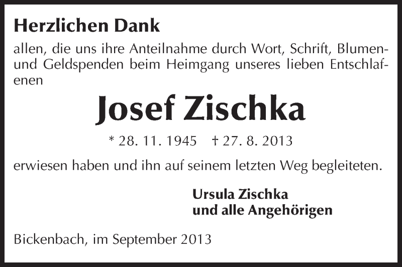  Traueranzeige für Josef Zischka vom 14.09.2013 aus Echo-Zeitungen (Gesamtausgabe)