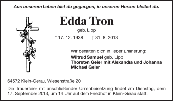 Traueranzeige von Edda Tron von Rüsselsheimer Echo, Groß-Gerauer-Echo, Ried Echo