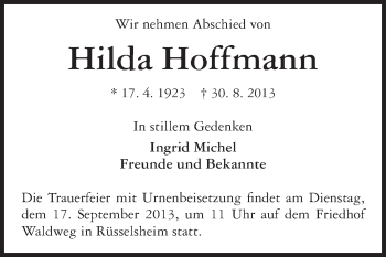 Traueranzeige von Hilda Hoffmann von Rüsselsheimer Echo, Groß-Gerauer-Echo, Ried Echo