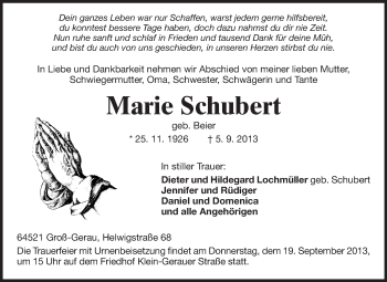 Traueranzeige von Marie Schubert von Rüsselsheimer Echo, Groß-Gerauer-Echo, Ried Echo