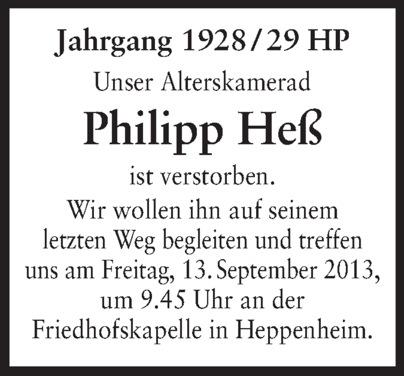  Traueranzeige für Philipp Heß vom 12.09.2013 aus Starkenburger Echo