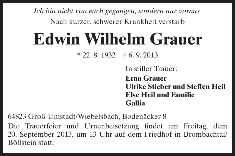  Traueranzeige für Edwin Wilhelm Grauer vom 14.09.2013 aus Echo-Zeitungen (Gesamtausgabe)