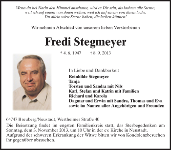Traueranzeige von Fredi Stegmeyer von Odenwälder Echo