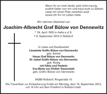 Traueranzeige von Joachim-Albrecht Graf Bülow von Dennewitz von Echo-Zeitungen (Gesamtausgabe)