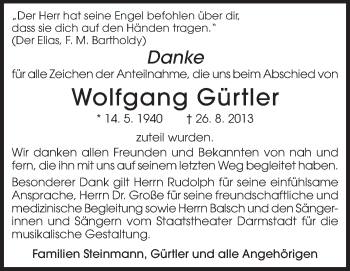 Traueranzeige von Wolfgang Gürtler von Echo-Zeitungen (Gesamtausgabe)