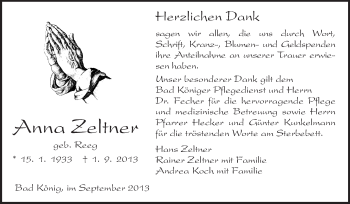 Traueranzeige von Anna Zeltner  von Odenwälder Echo