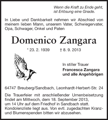 Traueranzeige von Domenico Zangara von Odenwälder Echo