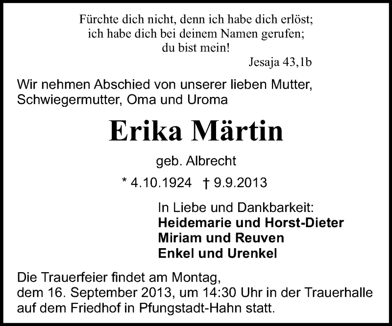  Traueranzeige für Erika Märtin vom 14.09.2013 aus Echo-Zeitungen (Gesamtausgabe)