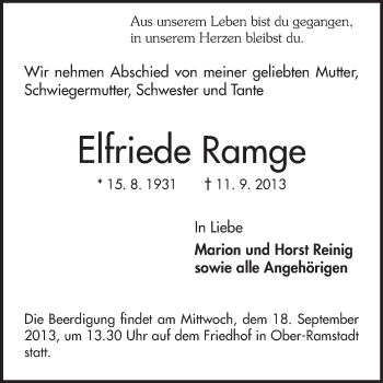 Traueranzeige von Elfriede Ramge von Echo-Zeitungen (Gesamtausgabe)