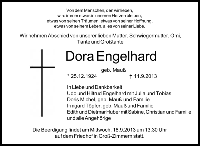  Traueranzeige für Dora Engelhard vom 14.09.2013 aus Echo-Zeitungen (Gesamtausgabe)