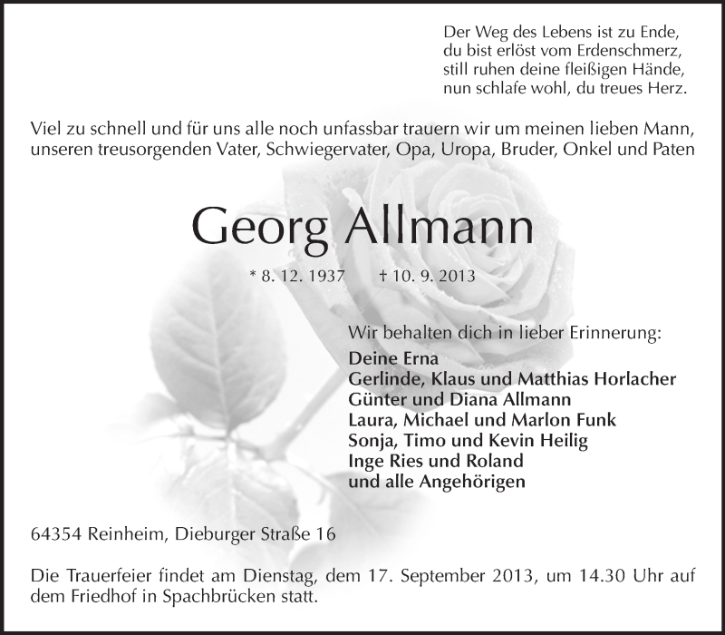  Traueranzeige für Georg Allmann vom 14.09.2013 aus Echo-Zeitungen (Gesamtausgabe)