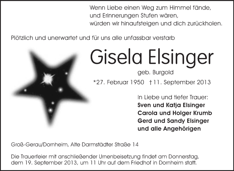  Traueranzeige für Gisela Elsinger vom 16.09.2013 aus Rüsselsheimer Echo, Groß-Gerauer-Echo, Ried Echo