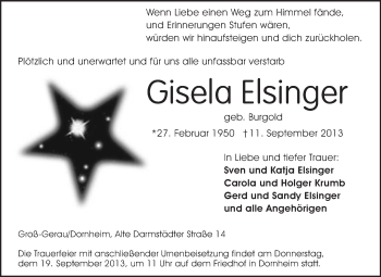 Traueranzeige von Gisela Elsinger von Rüsselsheimer Echo, Groß-Gerauer-Echo, Ried Echo