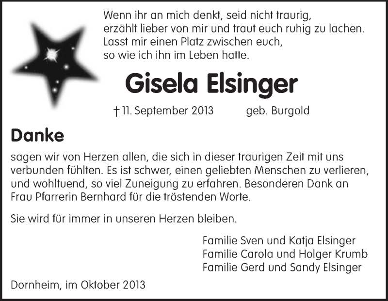  Traueranzeige für Gisela Elsinger vom 05.10.2013 aus Rüsselsheimer Echo, Groß-Gerauer-Echo, Ried Echo