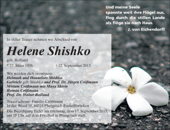 Traueranzeige von Helene Shishko von Echo-Zeitungen (Gesamtausgabe)