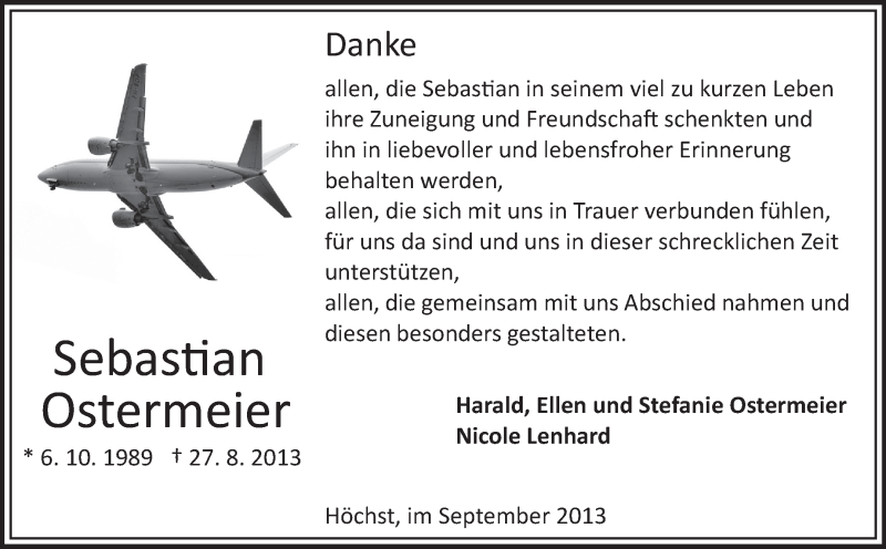  Traueranzeige für Sebastian Ostermeier vom 14.09.2013 aus Odenwälder Echo