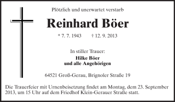Traueranzeige von Reinhard Böer von Rüsselsheimer Echo, Groß-Gerauer-Echo, Ried Echo
