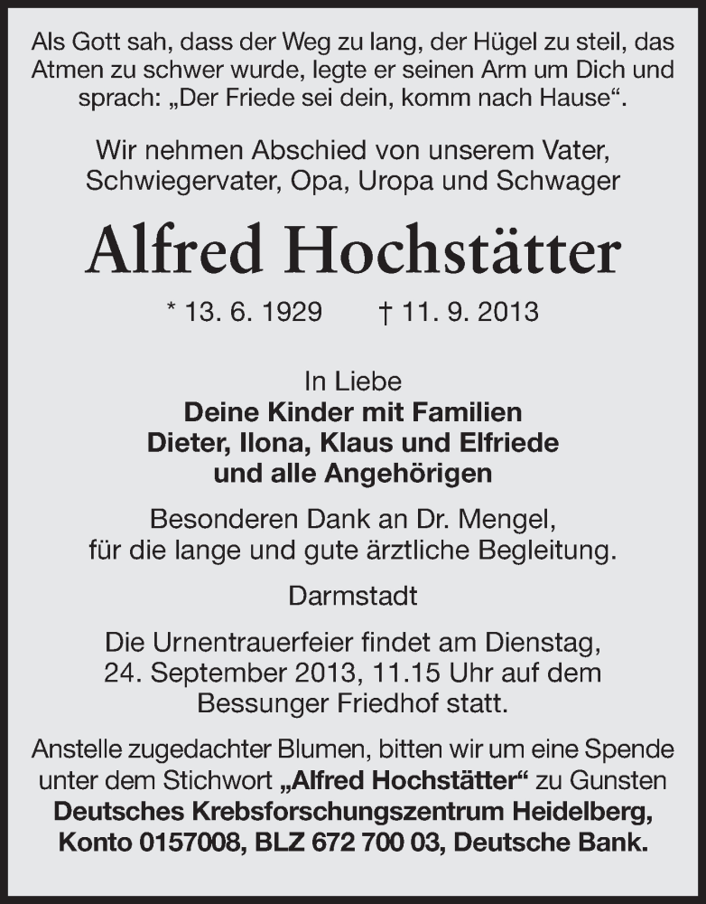  Traueranzeige für Alfred Höchstätter vom 21.09.2013 aus Echo-Zeitungen (Gesamtausgabe)
