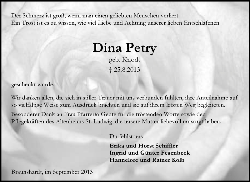  Traueranzeige für Dina Petry vom 18.09.2013 aus Echo-Zeitungen (Gesamtausgabe)