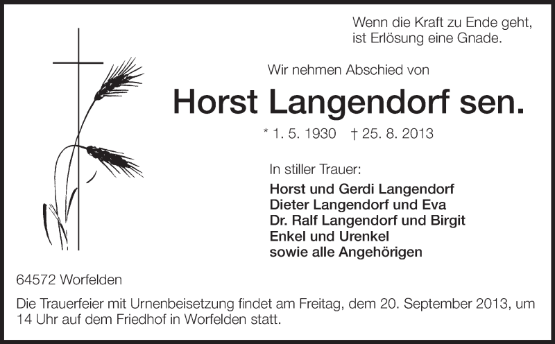  Traueranzeige für Horst Langendorf vom 18.09.2013 aus Rüsselsheimer Echo, Groß-Gerauer-Echo, Ried Echo